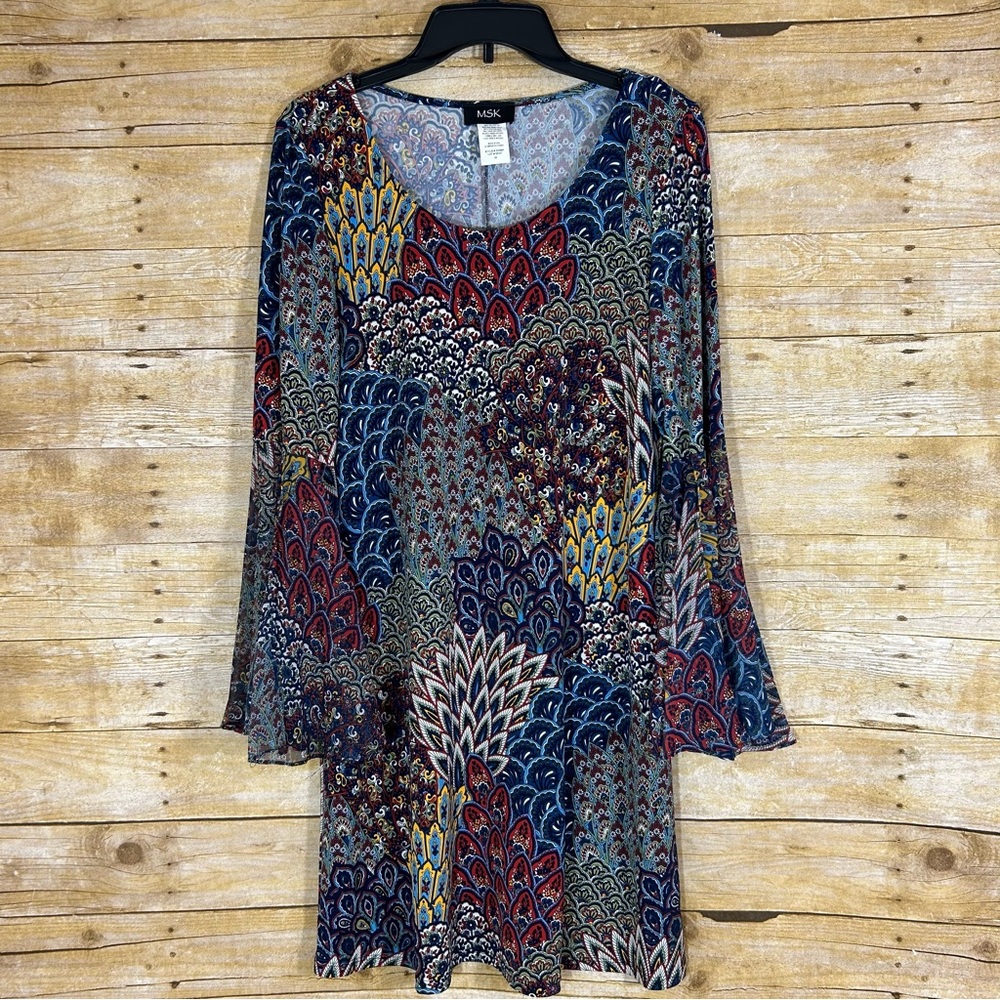 MSK Multicolor Bell Sleeve Shift Dress Peacock Floral Paisley Boho Stretch M